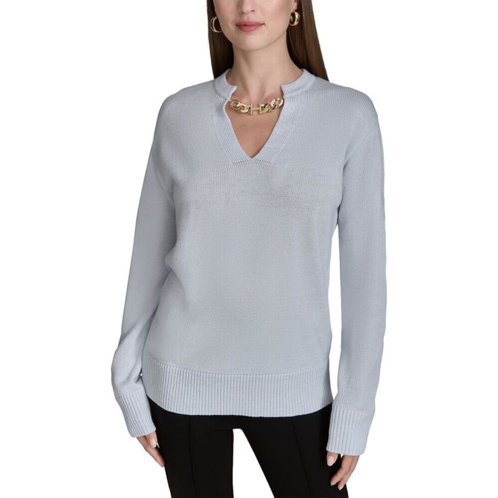 Halston Womens  Logo Chain V-Neck Sweater